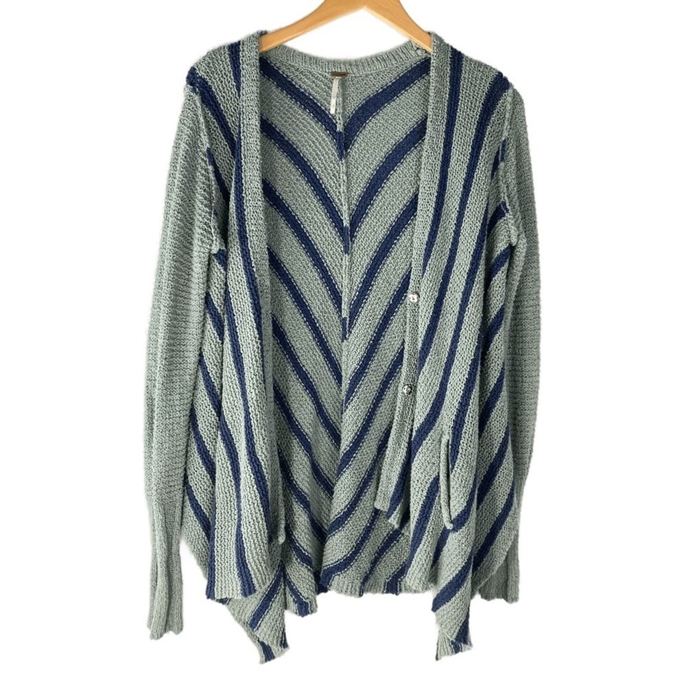Free People Oversized Striped Boho Cardigan Sweater Size S Flowy V-cut Hem Blue